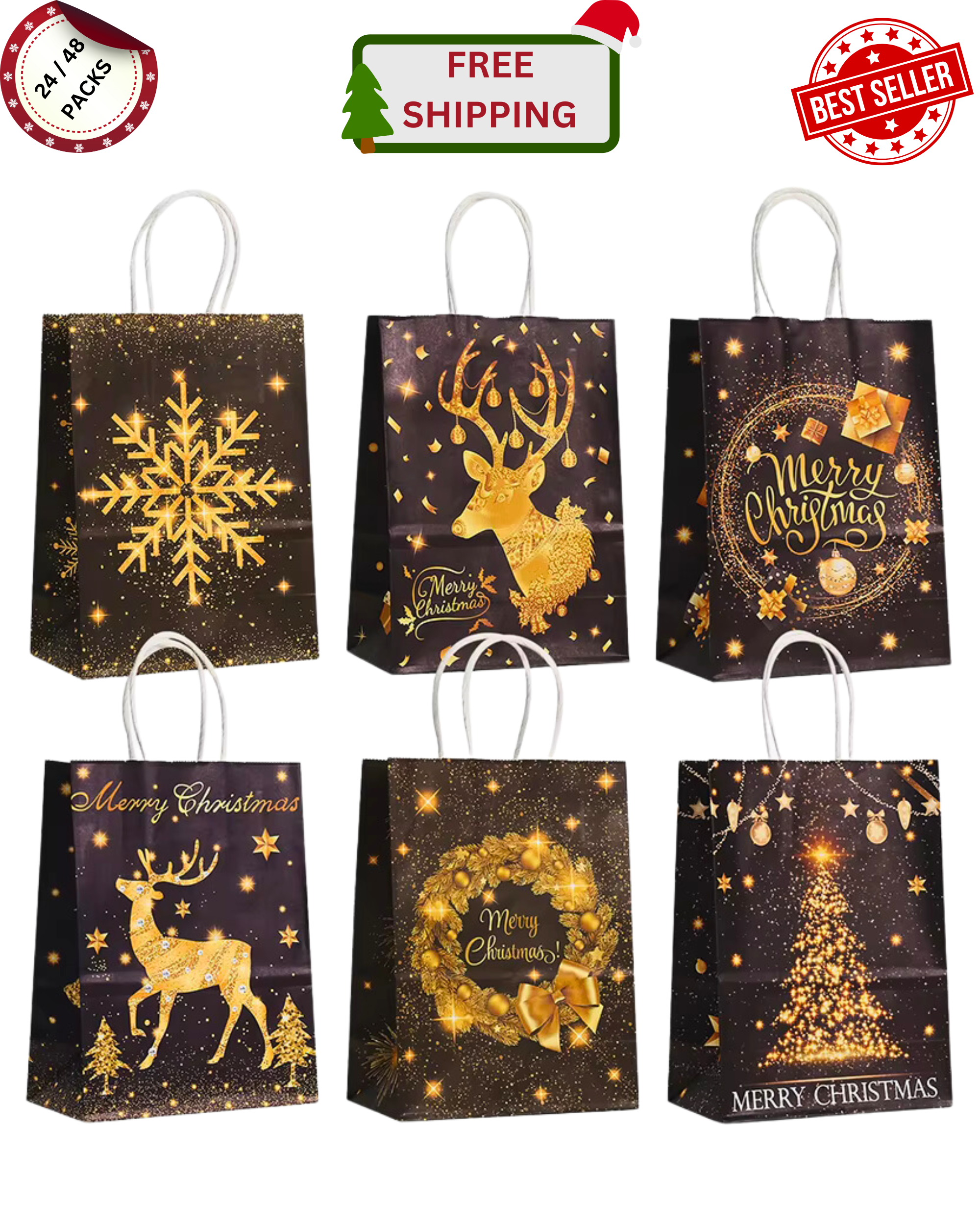 24 Packs or 48 Packs Black Gold Christmas Gift Paper Bags with Handle