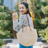 Boho Round Straw Beach Bag - Handmade Raffia shoulder Bag