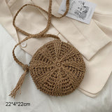 Boho Round Straw Beach Bag - Handmade Raffia shoulder Bag