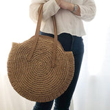 Boho Round Straw Beach Bag - Handmade Raffia shoulder Bag