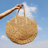 Boho Round Straw Beach Bag - Handmade Raffia shoulder Bag