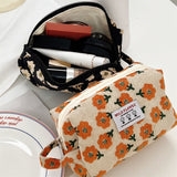 Corduroy Plaid Flowers Cosmetic Bag - Travel Makeup Organizer