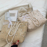 Women Straw Woven Bag Flower Embroidery Lace Beach Tote Bag