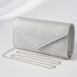 Glitter Envelope Evening Bag Silver Chain Shoulder Clutch