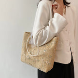 Women Straw Woven Bag Flower Embroidery Lace Beach Tote Bag