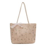 Women Straw Woven Bag Flower Embroidery Lace Beach Tote Bag