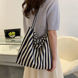 Retro Striped Shoulder Bag Fashion Large Shopping Tote Bag