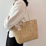 Women Straw Woven Bag Flower Embroidery Lace Beach Tote Bag